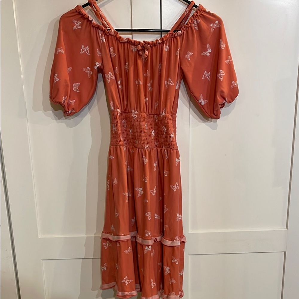 Kids Orange Off-Shoulder butterfly Dress